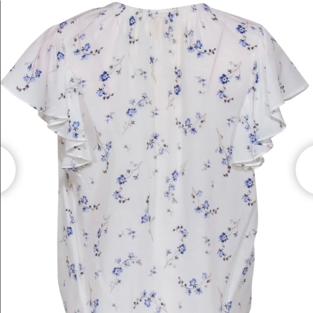 Rebecca Taylor - White Silk Ruffled Sleeve Blouse with Blue Flowers Sz 10